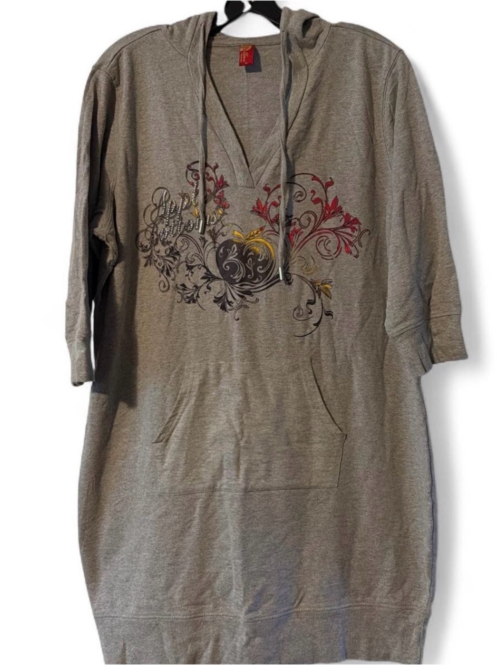 Apple bottoms Women’s Gray Hooded Tunic Sweatshirt with Decorative Print